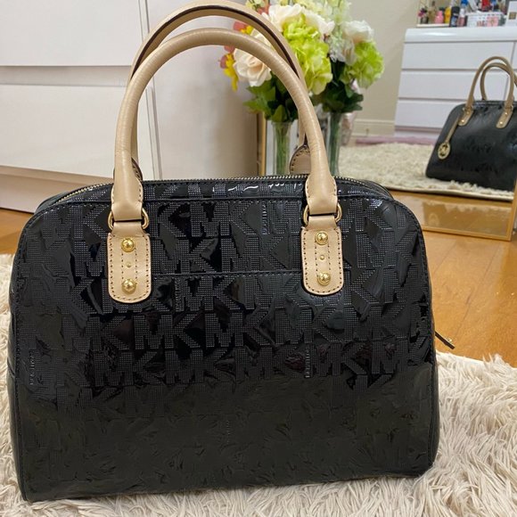 Michael Kors Shiny Black Monogram Satchel Bag - Picture 3 of 14